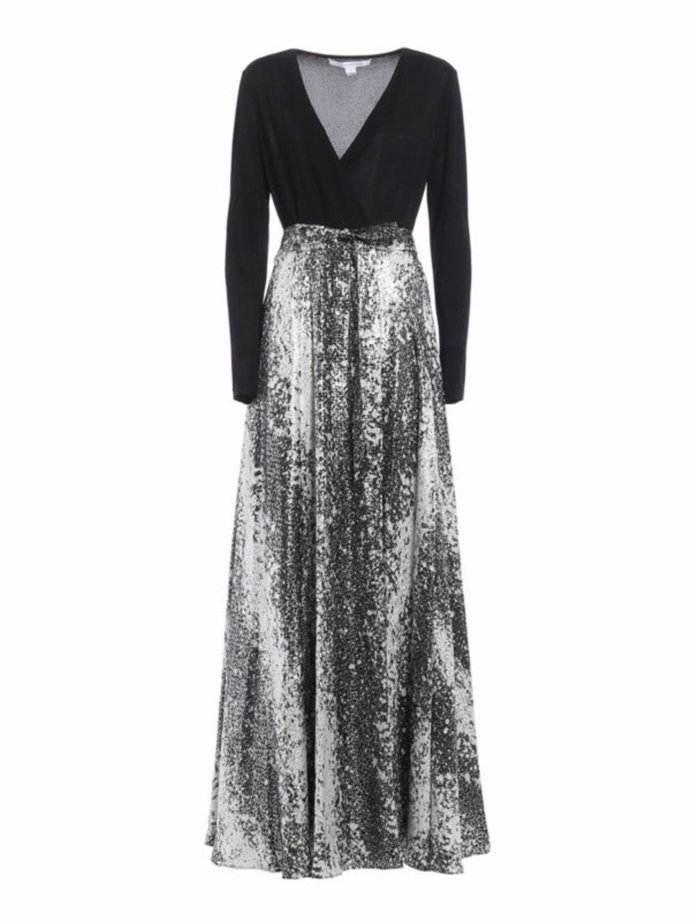 Diane Von Furtsenberg Avina Shiny Wrap Dress - Black and Silver Maxi Gown